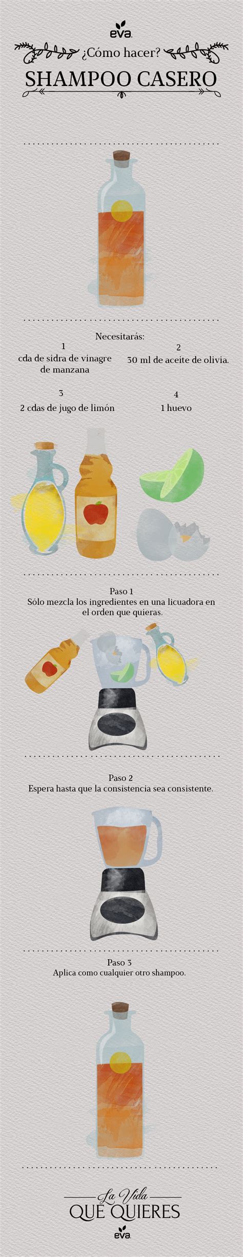 Ilustración mostrando los ingredientes y pasos para hacer un champú de bebé casero