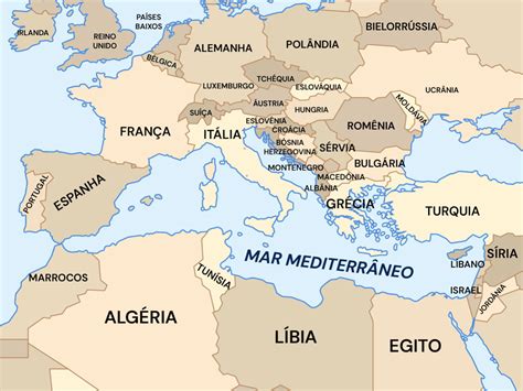 Mapa geográfico del Mar Mediterráneo mostrando países circundantes y principales subregiones como el Mar Egeo, Adriático, etc.