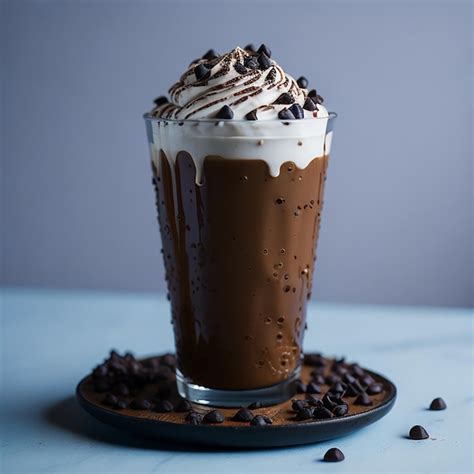 Frapuccino con whisky en un vaso transparente con crema batida y virutas de chocolate