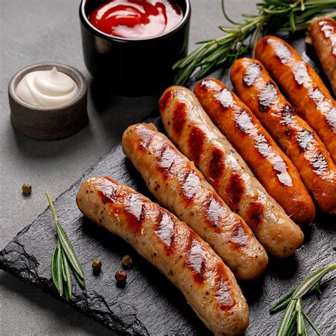 Una parrilla con salchichas asándose, mostrando marcas doradas y jugosidad.