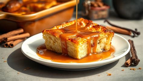 Fotografía de un pudín de pan decorado con caramelo y frutos secos