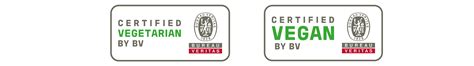 Esquema de sellos de certificación vegana y vegetariana, con flechas que conectan productos con etiquetas.