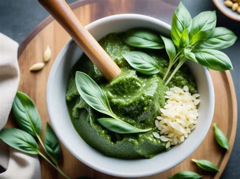 Ilustración de un mortero tradicional italiano con los ingredientes del pesto.