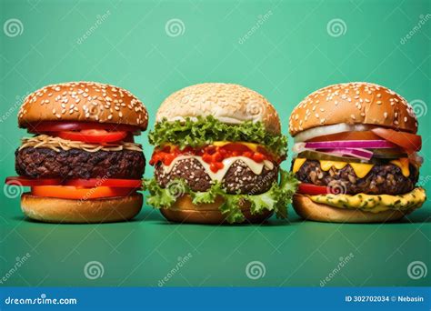 Un collage de diferentes hamburguesas veggie con ingredientes coloridos y frescos.