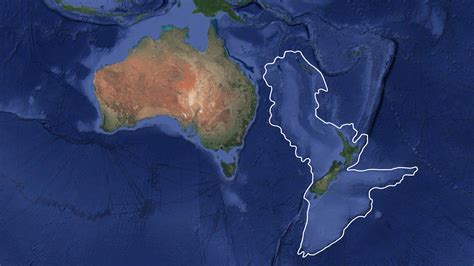 Mapa geológico del microcontinente sumergido de Zealandia y su relación con la placa del Pacífico y la placa Australiana.