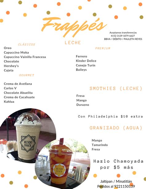 Infografía mostrando la variedad de bebidas y snacks artesanales ofrecidos en el menú de Creysi Bakery.
