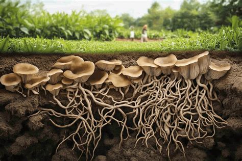 Esquema de un bosque con raíces conectadas y micorrizas, mostrando el intercambio de nutrientes y agua entre los árboles.