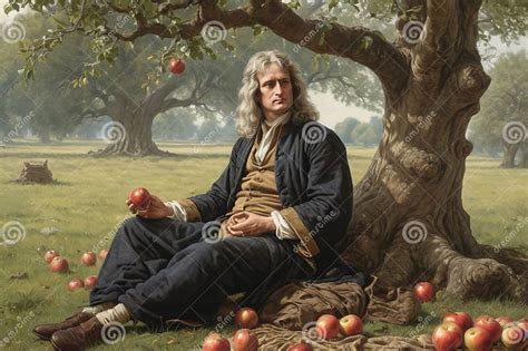 Ilustración de Sir Isaac Newton meditando bajo su manzano mientras una manzana cae.