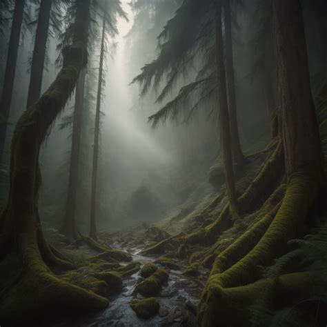 Representación artística de un bosque profundo con elementos inquietantes y simbólicos.