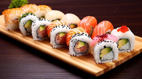 Variedad de piezas de sushi sobre una tabla de madera, incluyendo nigiri, maki y uramaki.