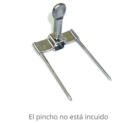 Esquema técnico de un pincho para asador mostrando su estructura de sujeción y materiales de acero inoxidable