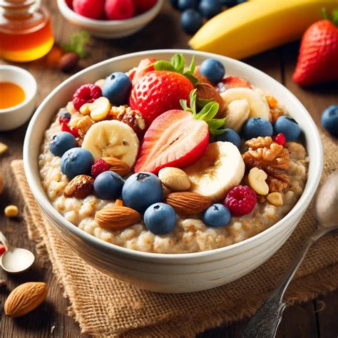 Plato de ensalada de frutas tropicales con yogur, avena y nueces sobre una mesa de madera clara