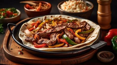 Plato de fajitas chisporroteando con carne, pimientos y cebolla, servido con tortillas