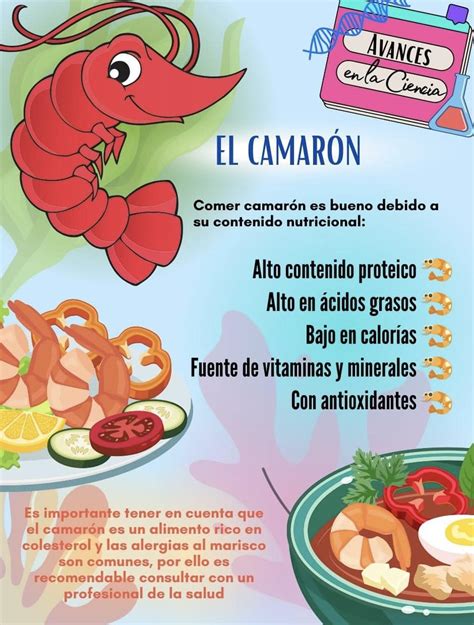 infografía nutricional destacando proteínas, yodo, selenio y bajo aporte calórico del camarón