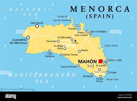 Mapa de la isla de Menorca, señalando la ciudad de Mahón