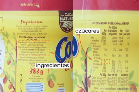 Esquema visual que muestra los ingredientes básicos del ColaCao: cacao natural, azúcar, harina de trigo y nuez de cola.