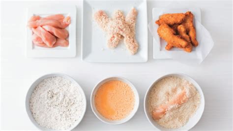 Ilustración técnica de los pasos para apanar un pescado: harina, huevo y pan rallado