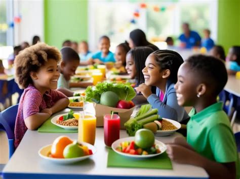 Niños comiendo ensaladas en un comedor escolar con alegría