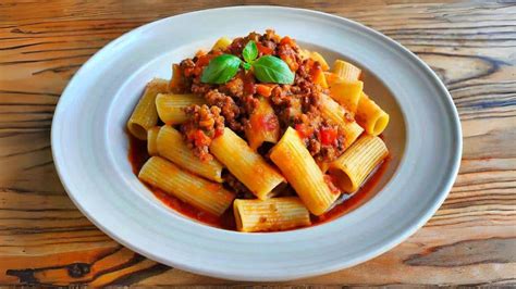 Plato servido de rigatoni con salsa boloñesa, decorado con albahaca y queso parmesano.