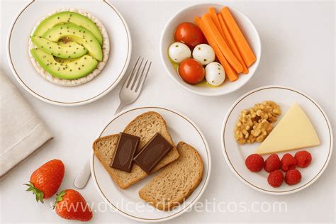 Composición visual de diferentes meriendas saludables y dulces naturales aptos para diabéticos.