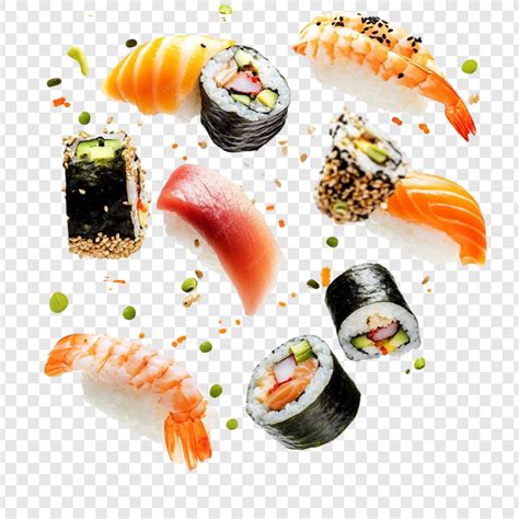 Fotografía de varios rollos de sushi variados y coloridos