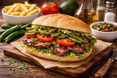 Primer plano de los ingredientes frescos y listos para montar el sándwich chacarero: rodajas de tomate, porotos verdes, carne a la plancha y ají picado.