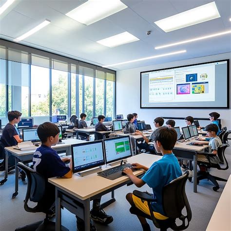 Diseño de aula moderna con estudiantes interactuando con tecnología.
