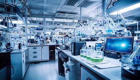 Esquema de un laboratorio de biotecnología con equipos de análisis.