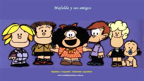 Ilustración de Mafalda y sus amigos reunidos, cada uno con su personalidad característica.