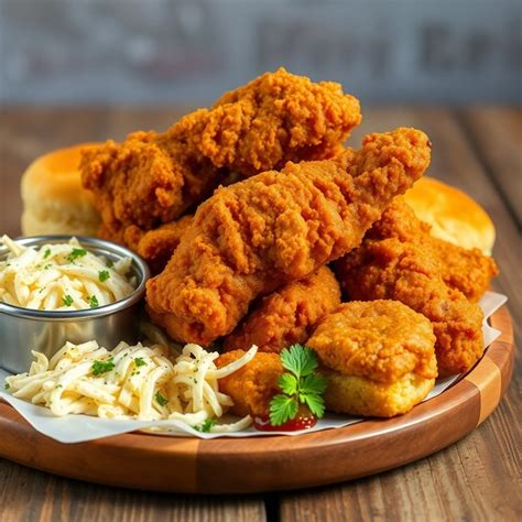 Plato de pollo frito crujiente con acompañamientos al estilo sureño