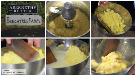 Infografía mostrando los pasos clave para hacer mantequilla casera: batir, separar, lavar y amasar.