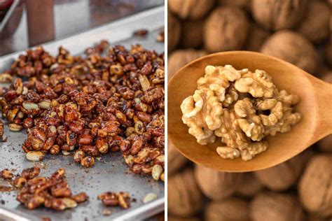 Primer plano de nueces tostadas y picadas listas para añadir a la ensalada.