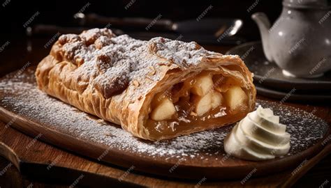 Strudel de manzana recién horneado cortado en porciones sobre una tabla de madera