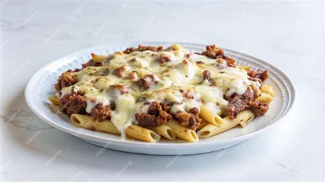 Plato de pasta gratinado con queso derretido y dorado en un horno