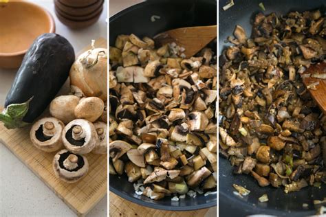 Ingredientes frescos para pino vegetariano: cebolla, berenjena, champiñones