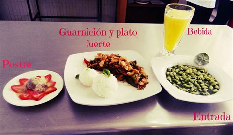 Ilustración de un menú con las diferentes partes de una comida: entrada, plato fuerte, guarnición y postre.