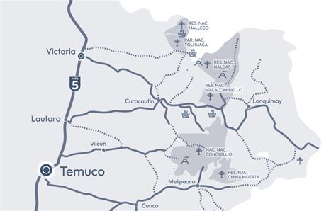 Mapa de la ruta que conecta las localidades de Manzanar y Malalcahuello en la Región de la Araucanía.