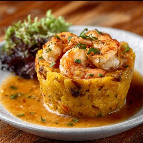 Plato de mofongo de plátano hervido con pollo guisado