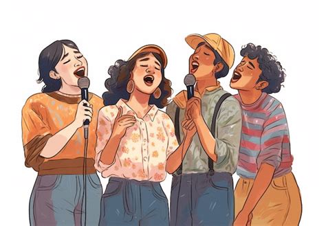 Ilustración de un grupo de personas cantando durante una fiesta de cumpleaños frente a un pastel