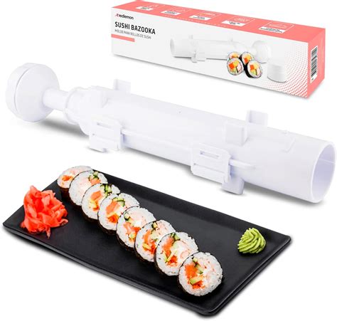 Diagrama: Ilustración de los pasos de montaje del maki con la bazuca de sushi