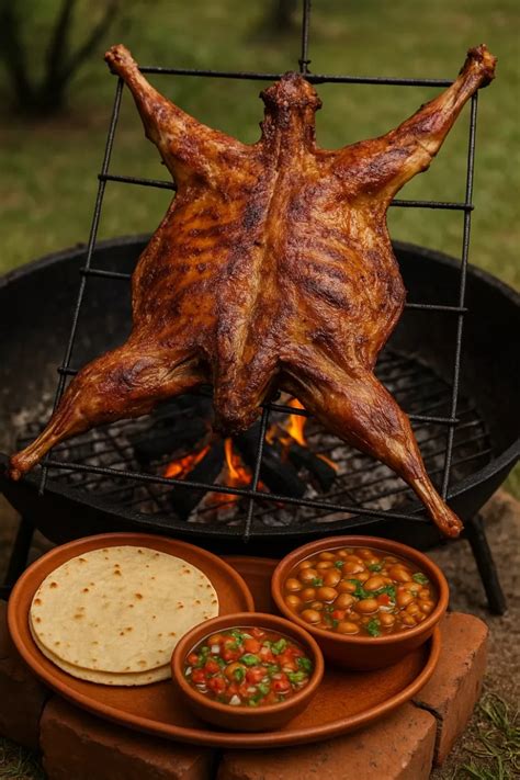 Esquema técnico que ilustra el proceso de preparación del cabrito al pastor sobre las brasas.