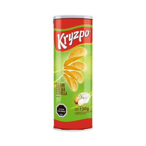 Fotografía de un tarro de papas Kryzpo exhibiendo sus láminas uniformes y el diseño del empaque.
