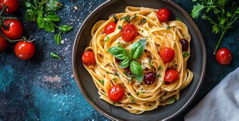 Plato de pasta con salsa de espinacas y tomates cherry