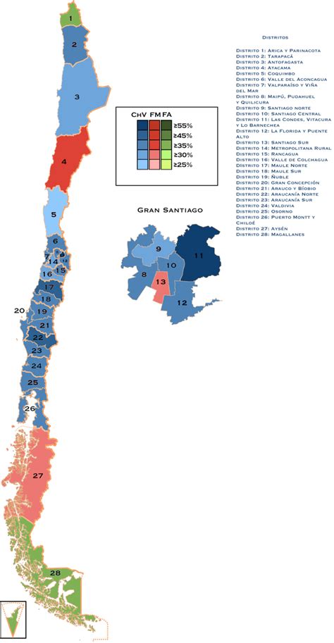 Mapa de los nuevos distritos electorales de Chile