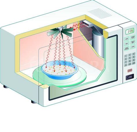 Esquema de un horno microondas y la interacción de las ondas con un recipiente de plástico, mostrando la liberación de partículas microscópicas y aditivos químicos.