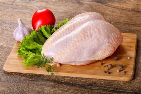 Pechuga de pollo cruda y cocida, destacando su textura magra