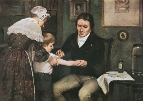 Ilustración de Edward Jenner extrayendo linfa de viruela vacuna de una lechera.