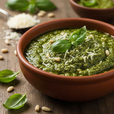 Bol con salsa pesto genovés y hojas de albahaca fresca