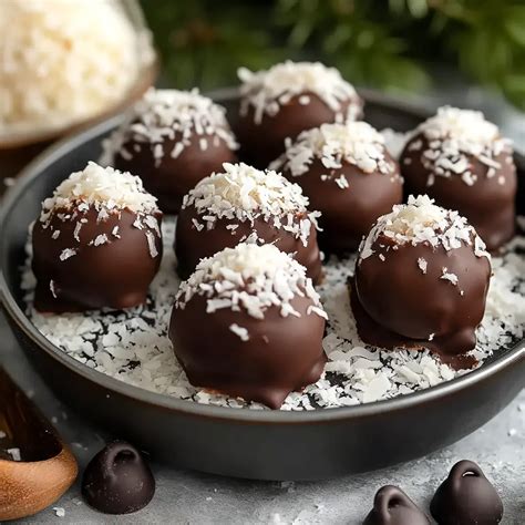 Mesa con bolitas de chocolate, algunas cubiertas de coco y otras con granillo