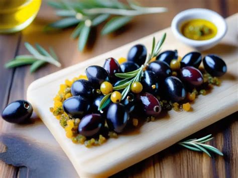 Una selección de aceitunas negras frescas y otros ingredientes como alcaparras y anchoas, listos para ser procesados en un tapenade.